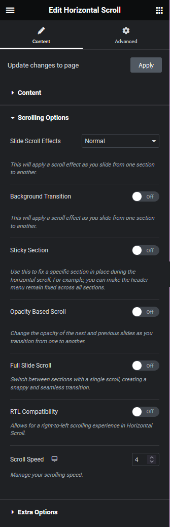 Horizontal scroll scrolling options
