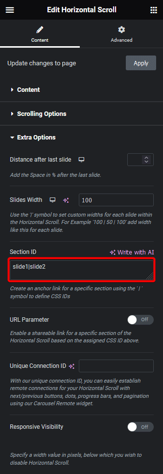 Horizontal scroll section id