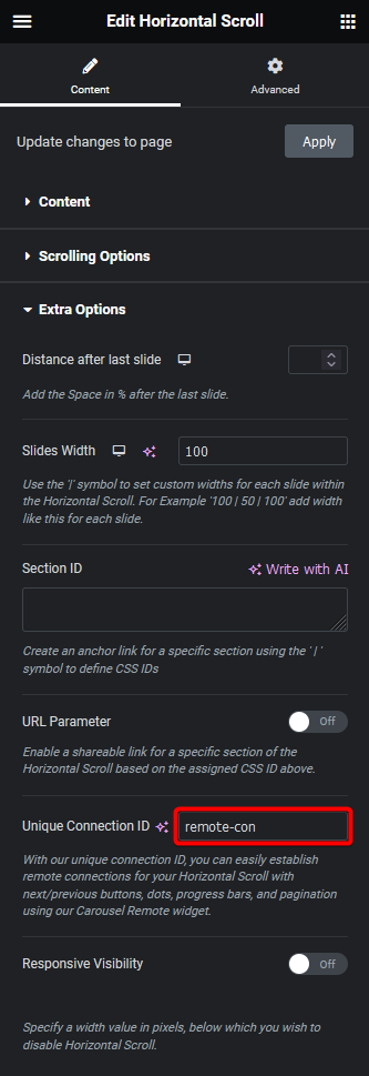 Horizontal scroll unique connection id
