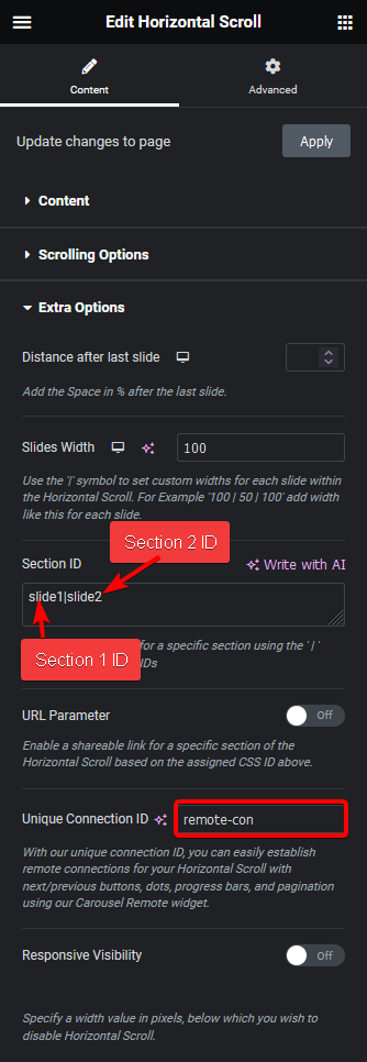 Horizontal scroll unique connection id section id