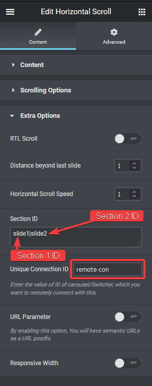 horizontal scroll unique connection id section id