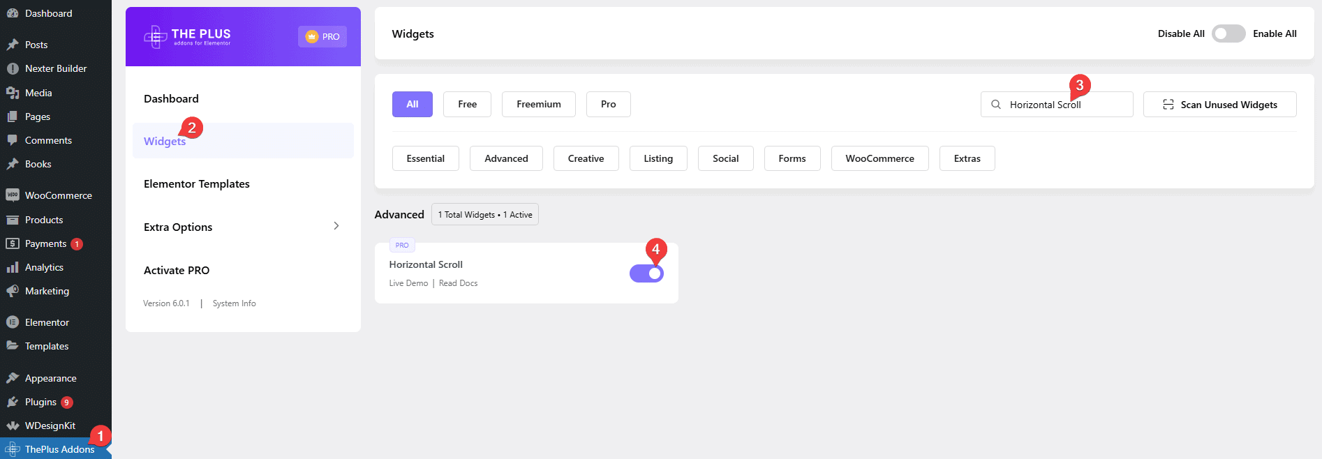 horizontal scroll | The Plus Addons for Elementor Horizontal scroll horizontal scroll elementor widget settings overview from the plus addons for elementor