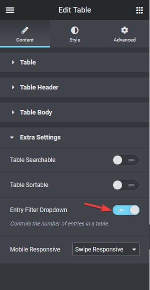 table entry dropdown
