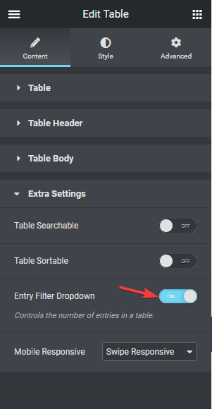 Table entry dropdown