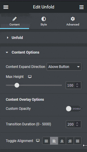 unfold button placement container height