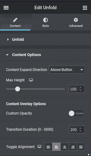 Unfold content options button placement