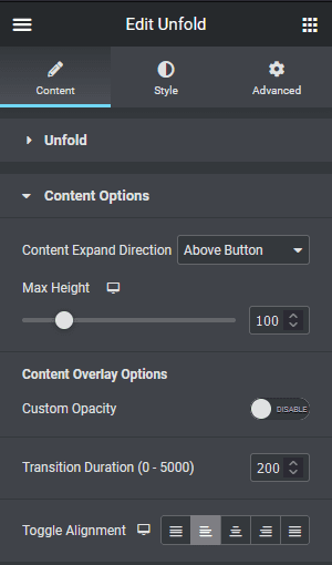 Unfold content options