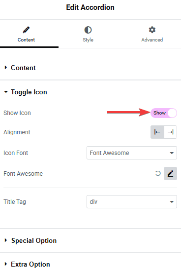 Tpae accordion toggle icon show icon 1 how to add icons in elementor accordion? From the plus addons for elementor