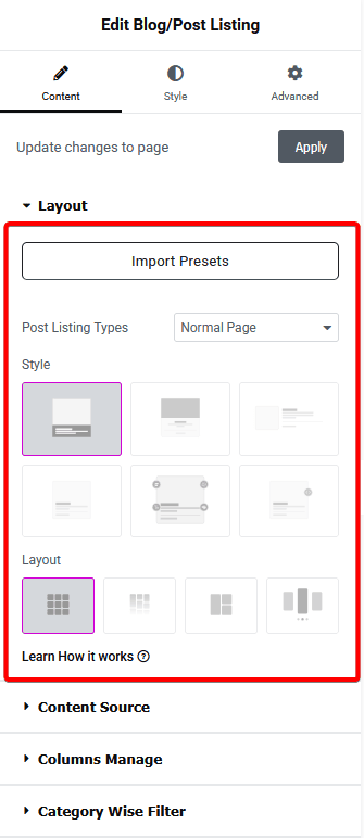 Blog Listing Layout new | The Plus Addons for Elementor Blog listing layout new blog listing widget settings overview from the plus addons for elementor
