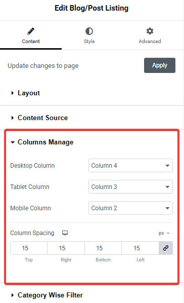 Tpae Blog Listing Column Manage | The Plus Addons for Elementor Tpae blog listing column manage blog listing widget settings overview from the plus addons for elementor