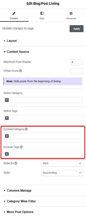 Tpae blog listing content source exclude category tags how to exclude blog post based on category and tags? From the plus addons for elementor