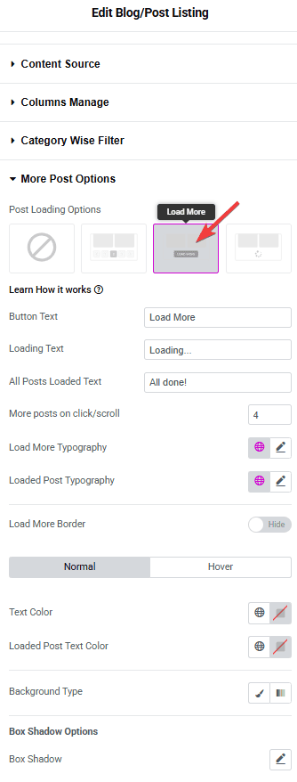 Tpae blog listing content source load more how to add read more button in blog posts in elementor? (load more button) from the plus addons for elementor