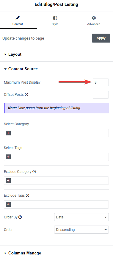 Tpae blog listing content source maximum post display how to add pagination in blog posts in elementor? From the plus addons for elementor