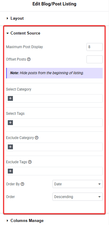 Tpae Blog Listing Content Source | The Plus Addons for Elementor Tpae blog listing content source blog listing widget settings overview from the plus addons for elementor