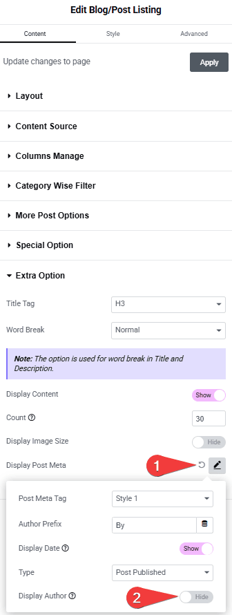 Tpae blog listing display author 1 how to hide author name in elementor blog posts? From the plus addons for elementor