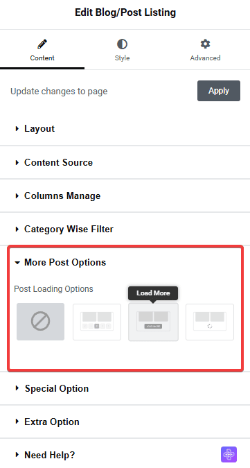 Tpae Blog Listing More Post Options | The Plus Addons for Elementor Tpae blog listing more post options blog listing widget settings overview from the plus addons for elementor