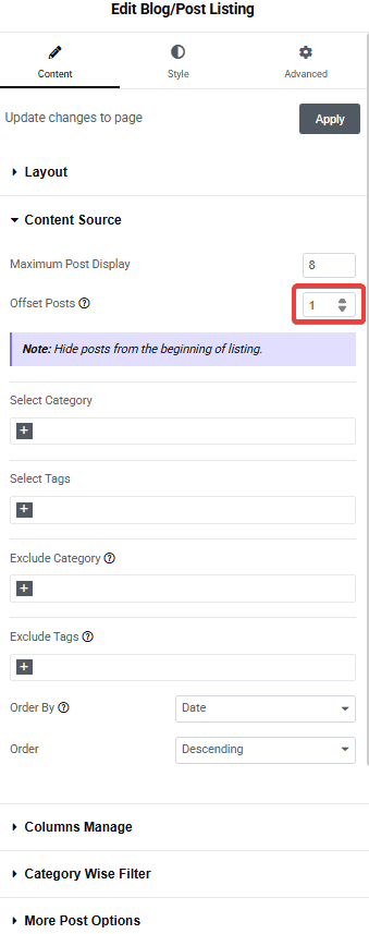 Tpae blog listing offset posts how to hide recent blog post from list in elementor? From the plus addons for elementor