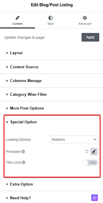 Tpae Blog Listing Special Option | The Plus Addons for Elementor Tpae blog listing special option blog listing widget settings overview from the plus addons for elementor
