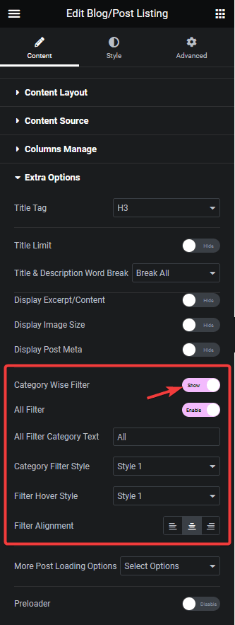 Blog listing category filter