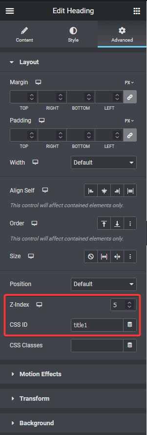 Heading z index css id