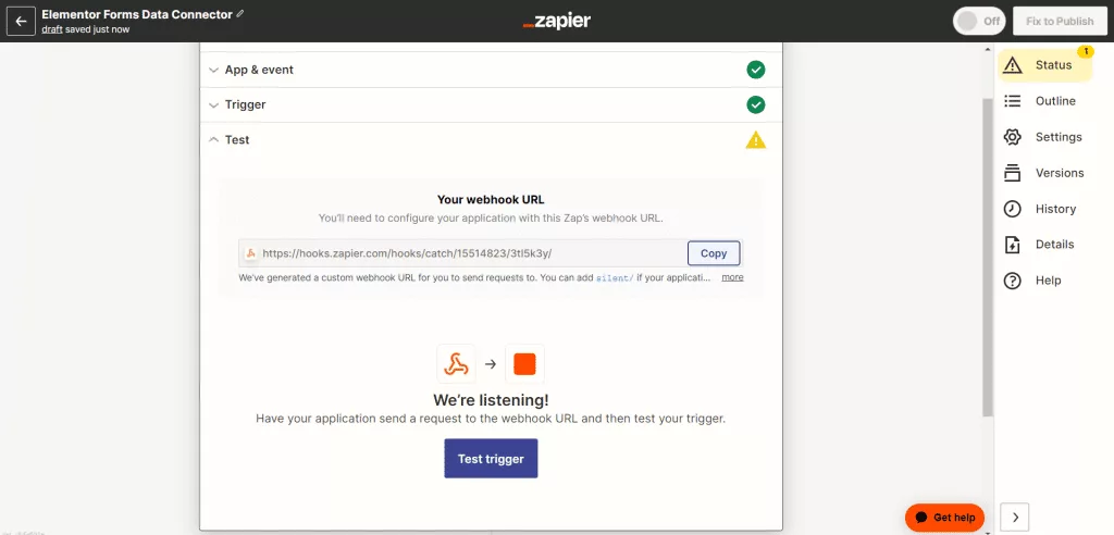 Copy paste custom webhook url in elementor form settings
