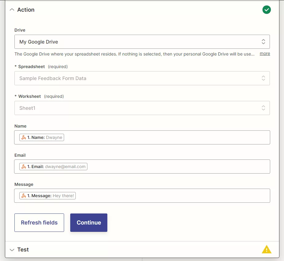 Map zapier entries to spreadsheets columns