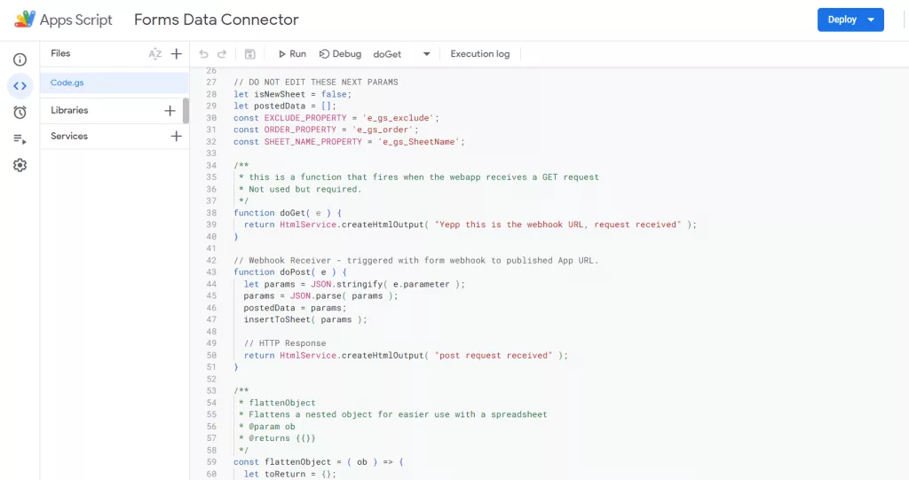 Paste the data transfer code into the script editor