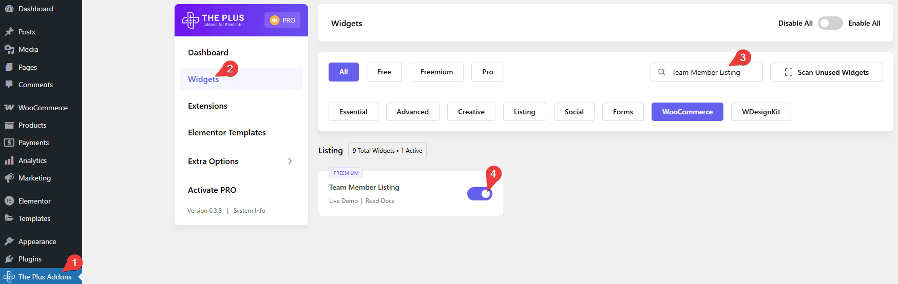 Tpae teammember listing activate 6 team member listing widget settings overview from the plus addons for elementor