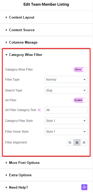 Tpae teammember listing category wise filter team member listing widget settings overview from the plus addons for elementor