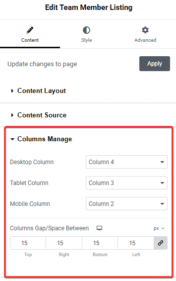 Tpae teammember listing column manage 1 team member listing widget settings overview from the plus addons for elementor