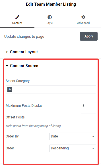 Tpae teammember listing content source team member listing widget settings overview from the plus addons for elementor