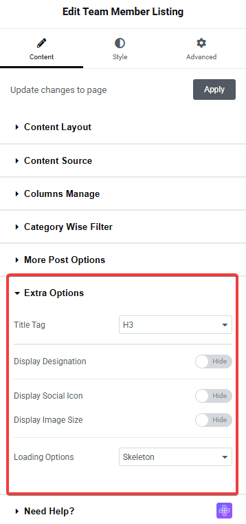 Tpae teammember listing extra options team member listing widget settings overview from the plus addons for elementor