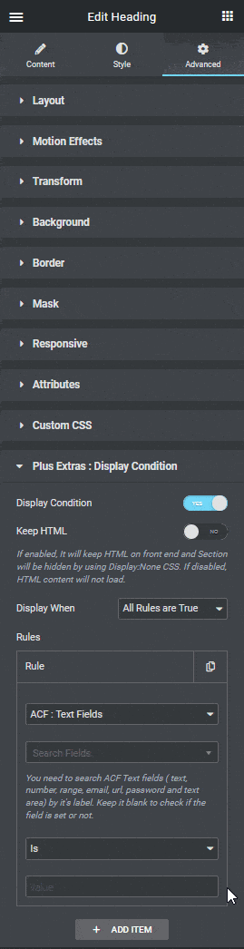 Display condition acf text fields
