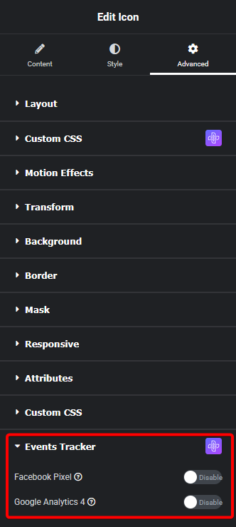 event tracker advanced plus extras tab new Event Tracker Settings Overview from The Plus Addons for Elementor