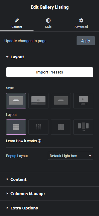 Gallery listing layout new gallery listing elementor widget settings overview from the plus addons for elementor