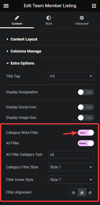 Team member listing category filter