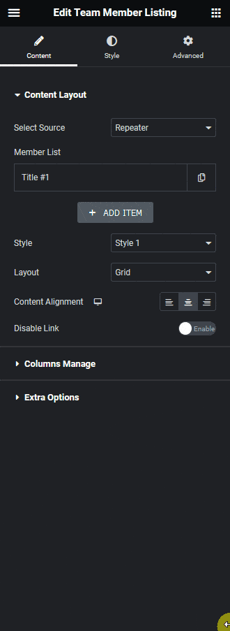 Team member listing repeater category