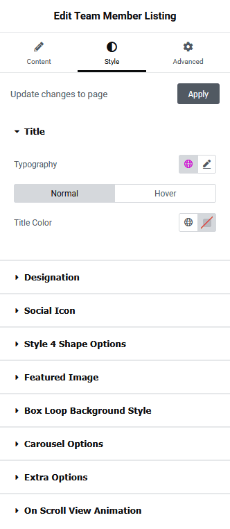 Team member listing style new team member listing widget settings overview from the plus addons for elementor