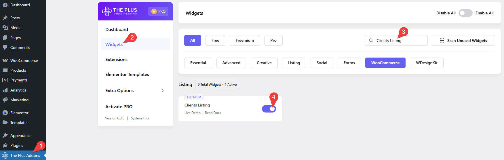 Tpae client listing activate clients listing widget settings overview from the plus addons for elementor