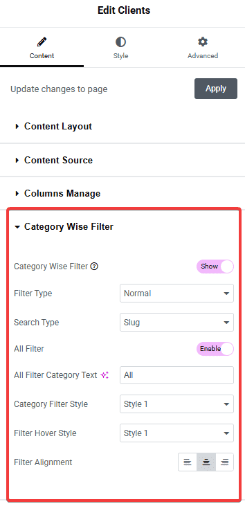 Tpae client listing category wise filter clients listing widget settings overview from the plus addons for elementor
