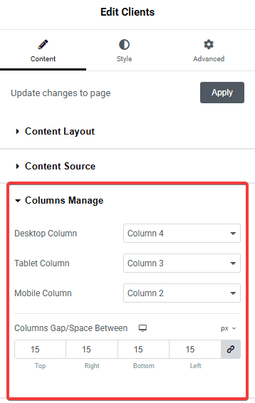 Tpae client listing column manage 5 clients listing widget settings overview from the plus addons for elementor