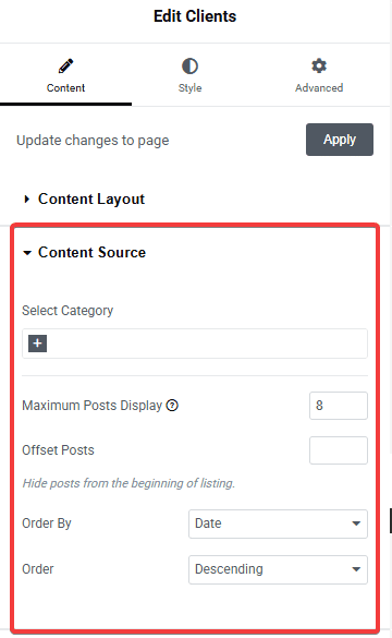 Tpae client listing content source clients listing widget settings overview from the plus addons for elementor