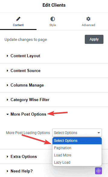 Tpae client listing more post options clients listing widget settings overview from the plus addons for elementor