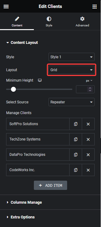 Clients listing grid layout