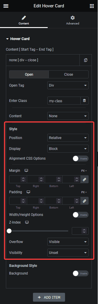 Hover card style option