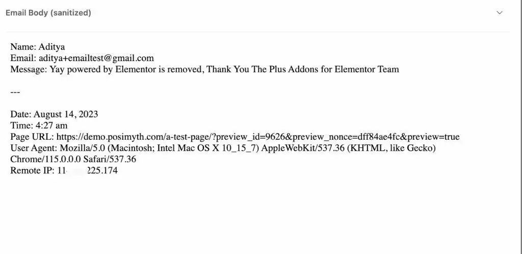 Email body how to remove 'powered by: elementor' in forms email from the plus addons for elementor
