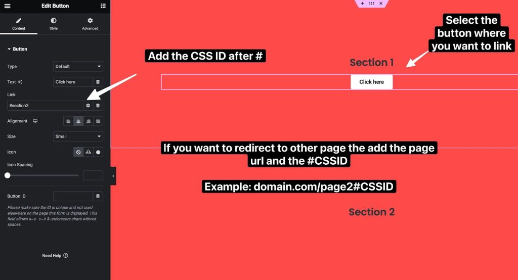 Linking element with css id for anchor link how to add elementor jump to section with anchor links from the plus addons for elementor