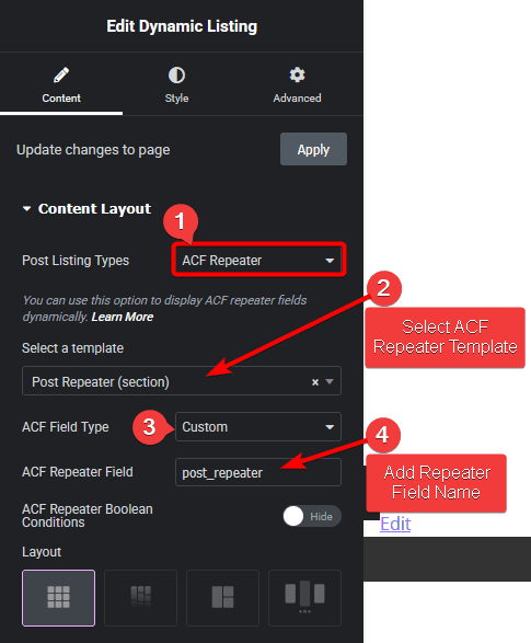 Dynamic listing acf repeater data single post page use acf template new how to show acf repeater data on single post page in elementor? From the plus addons for elementor