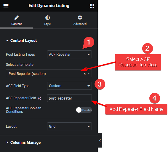 Dynamic listing acf repeater