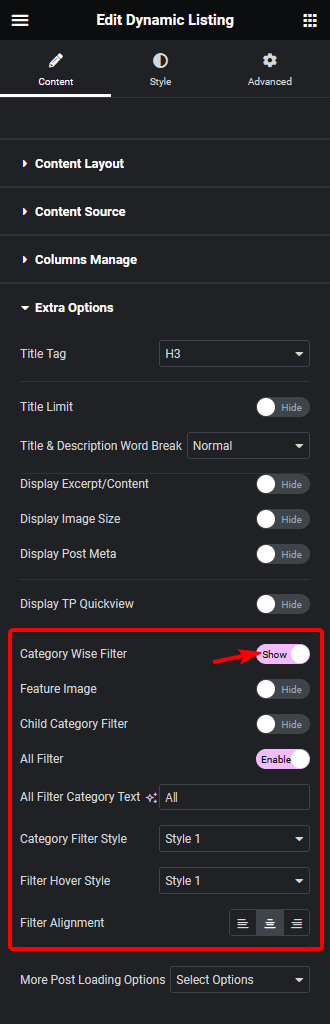 Dynamic listing category wise filter cpt